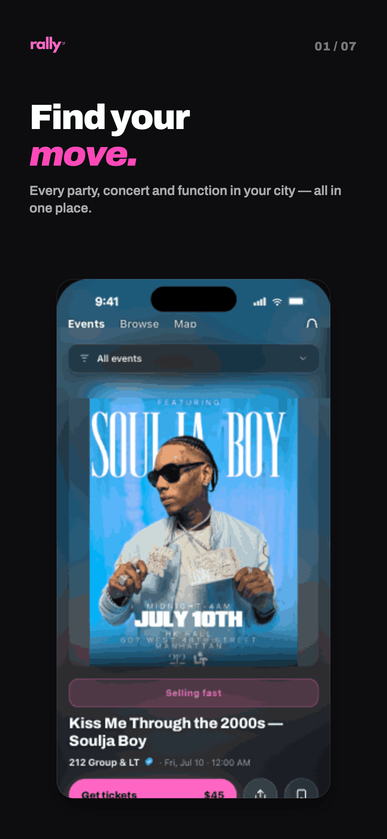 Rally app — Find your move, event discovery screen