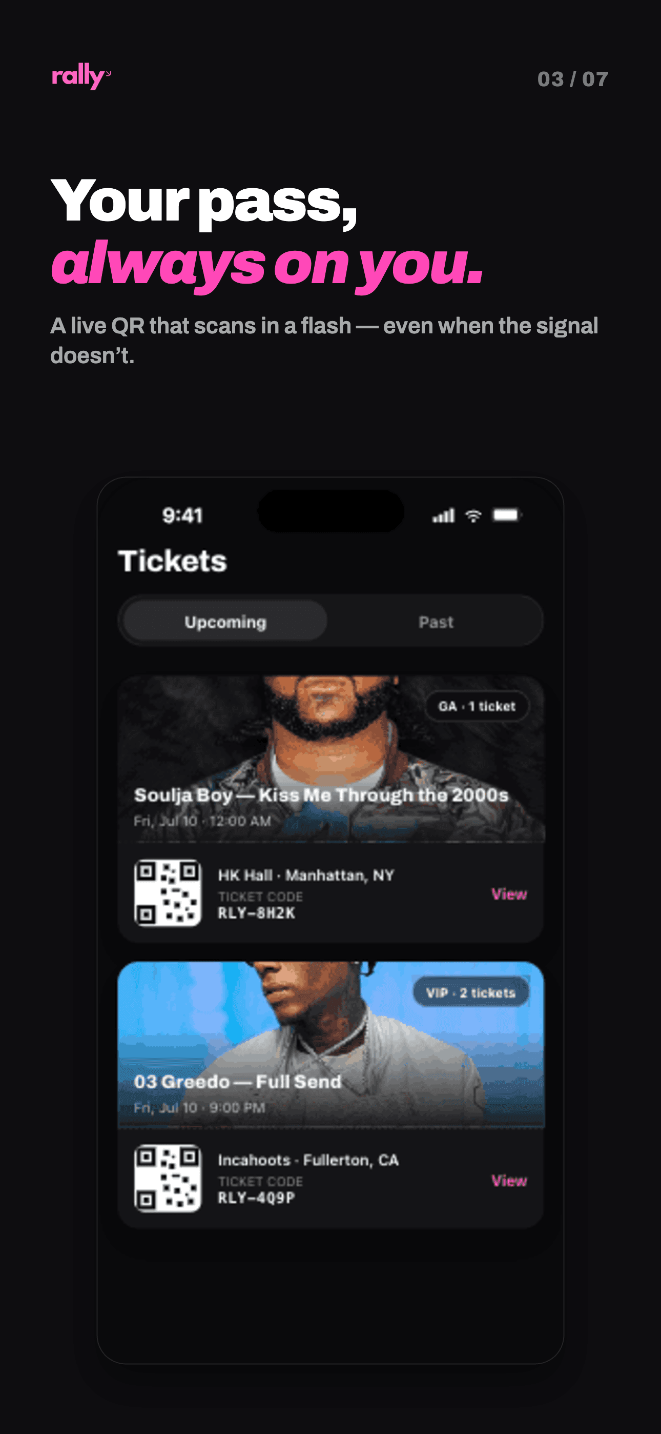 Rally app — Your pass, always on you, tickets screen