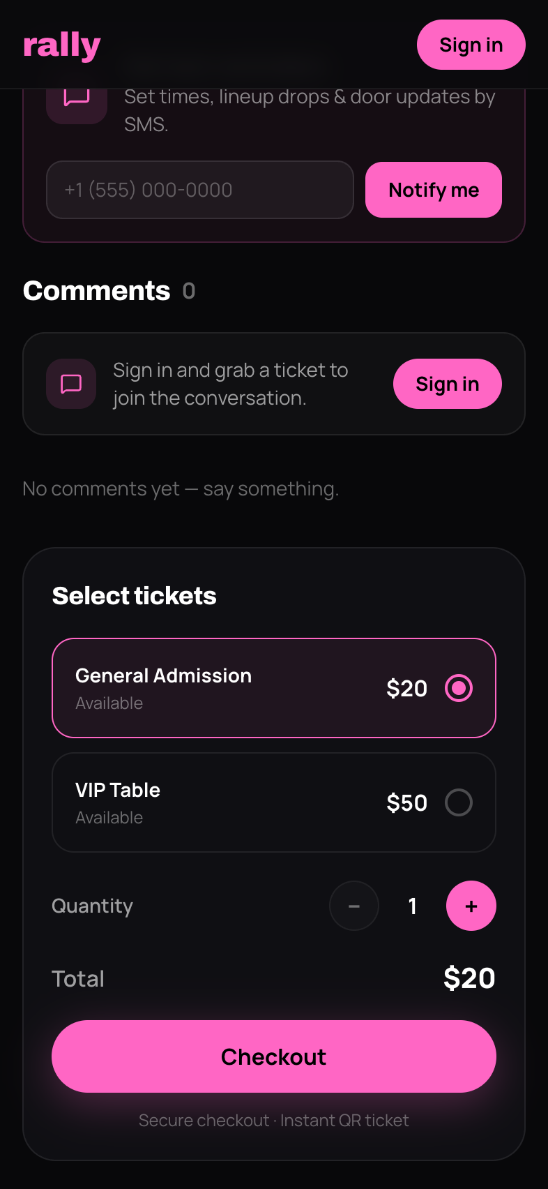 Selecting ticket tiers on an event page